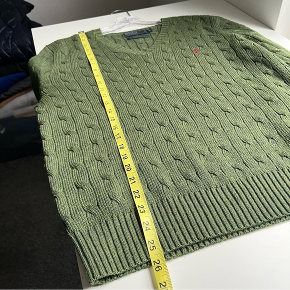 Vintage Polo Ralph Lauren 100% Silk Cable Knit V Neck Sweater Green M - Picture 7 of 7
